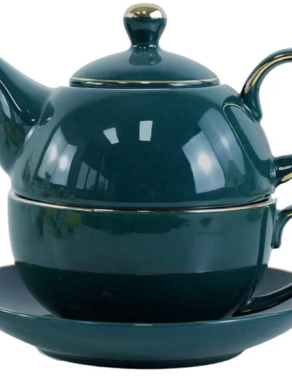 Ceramic Teapot and Cup Set in Deep Teal with Gold Trim